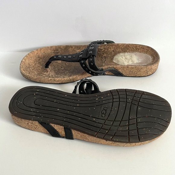 UGG Deitra Dual Strap Studded Leather Cork Thong Flip Flop Sandal Shoe 7 Black - Picture 5 of 10